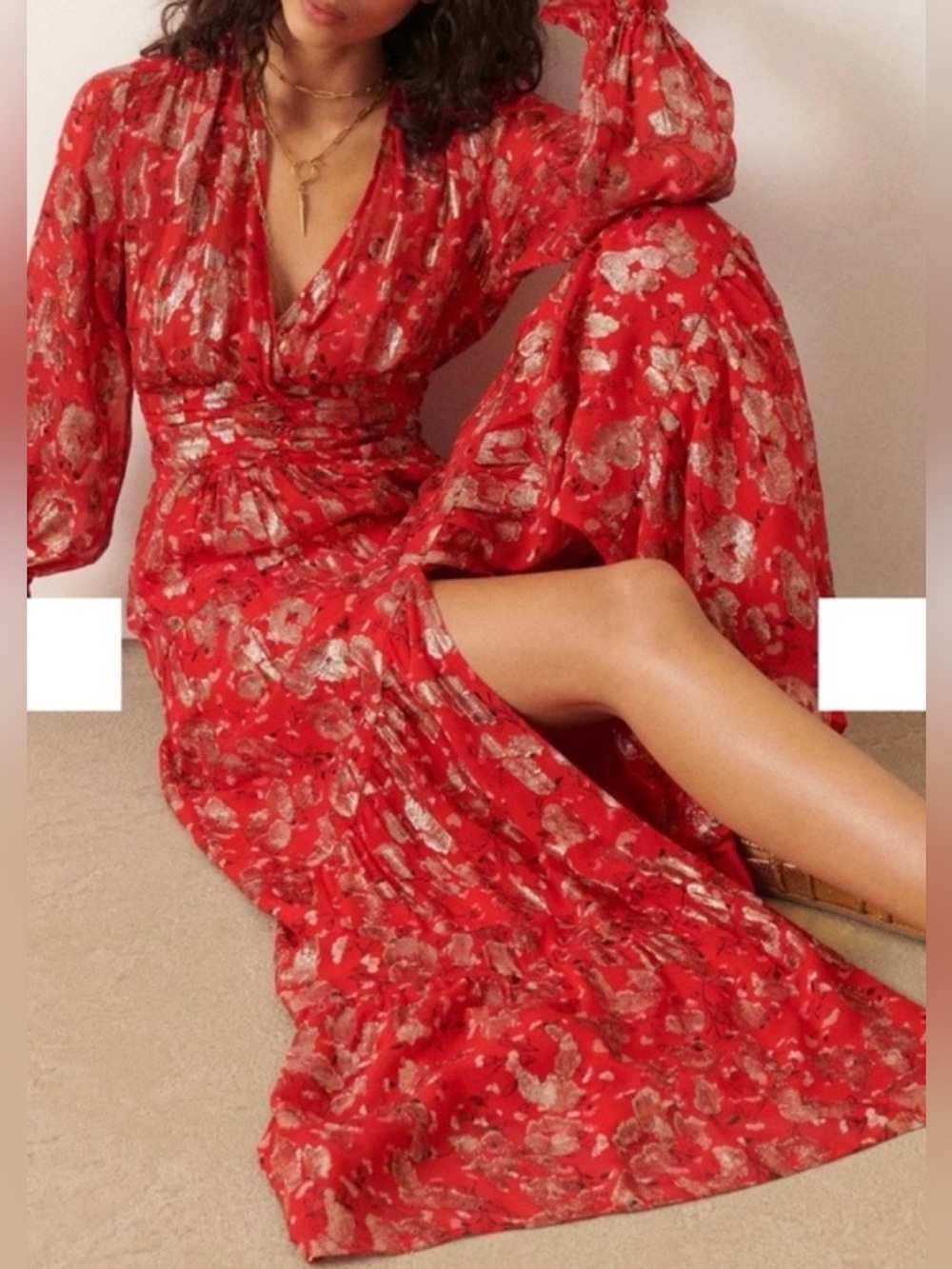 ba&sh Red Silk Metallic Floral Maxi Dress size M new